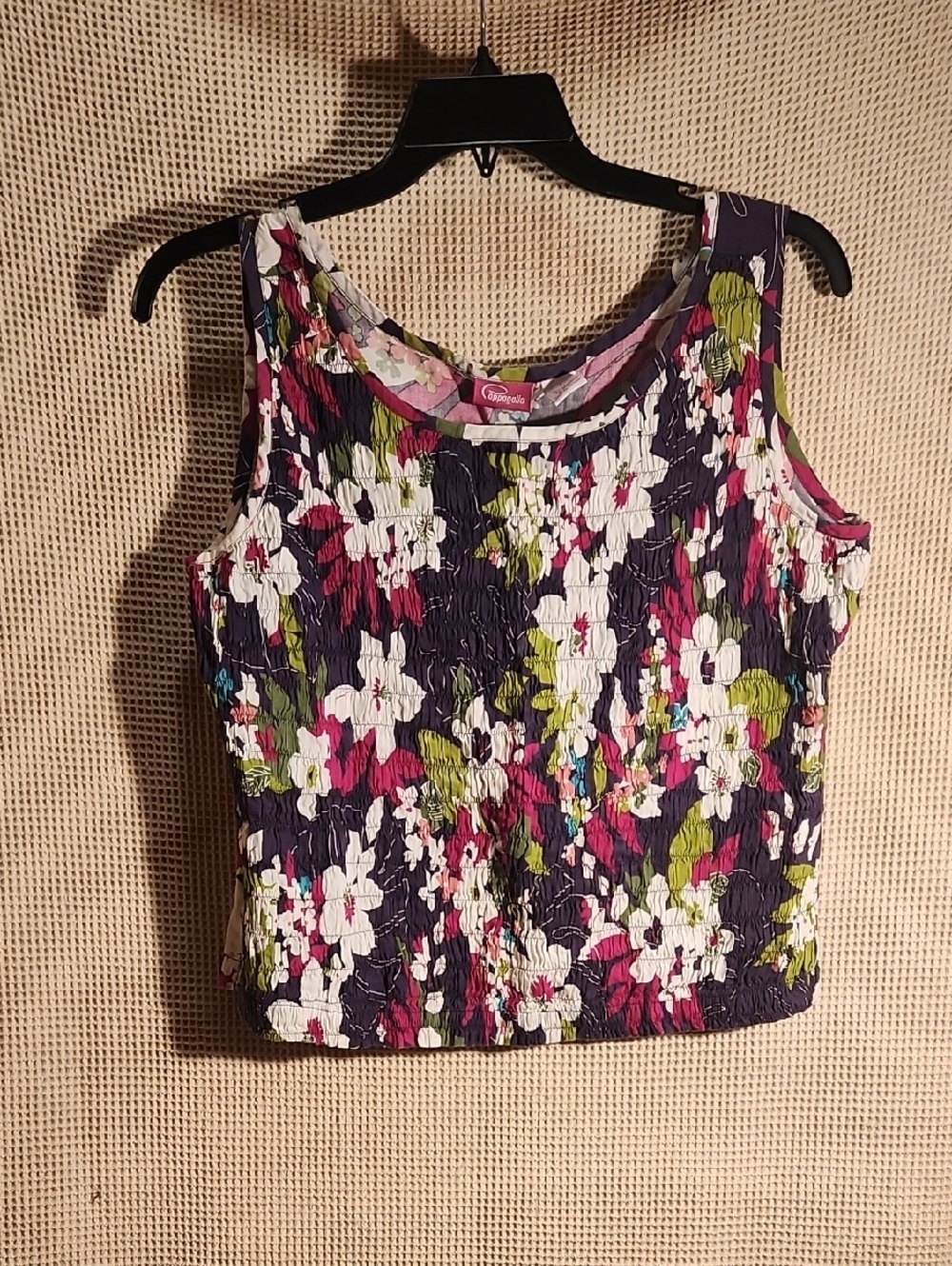 Sleeveless Floral Crinkle Crop Top in Navy, Pink & Green